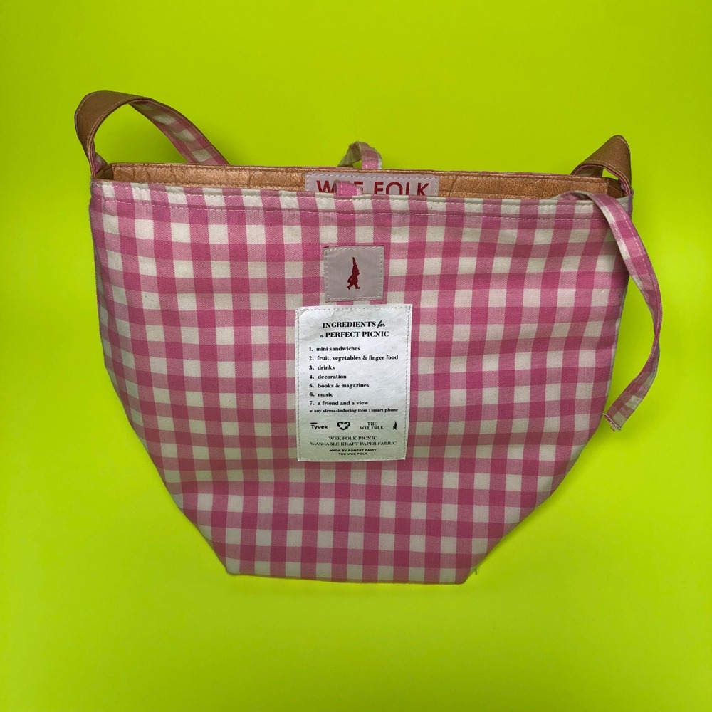 Wee Folk Picnic Tote Bag Women Pink Gingham Washable Kraft Paper Tyvek